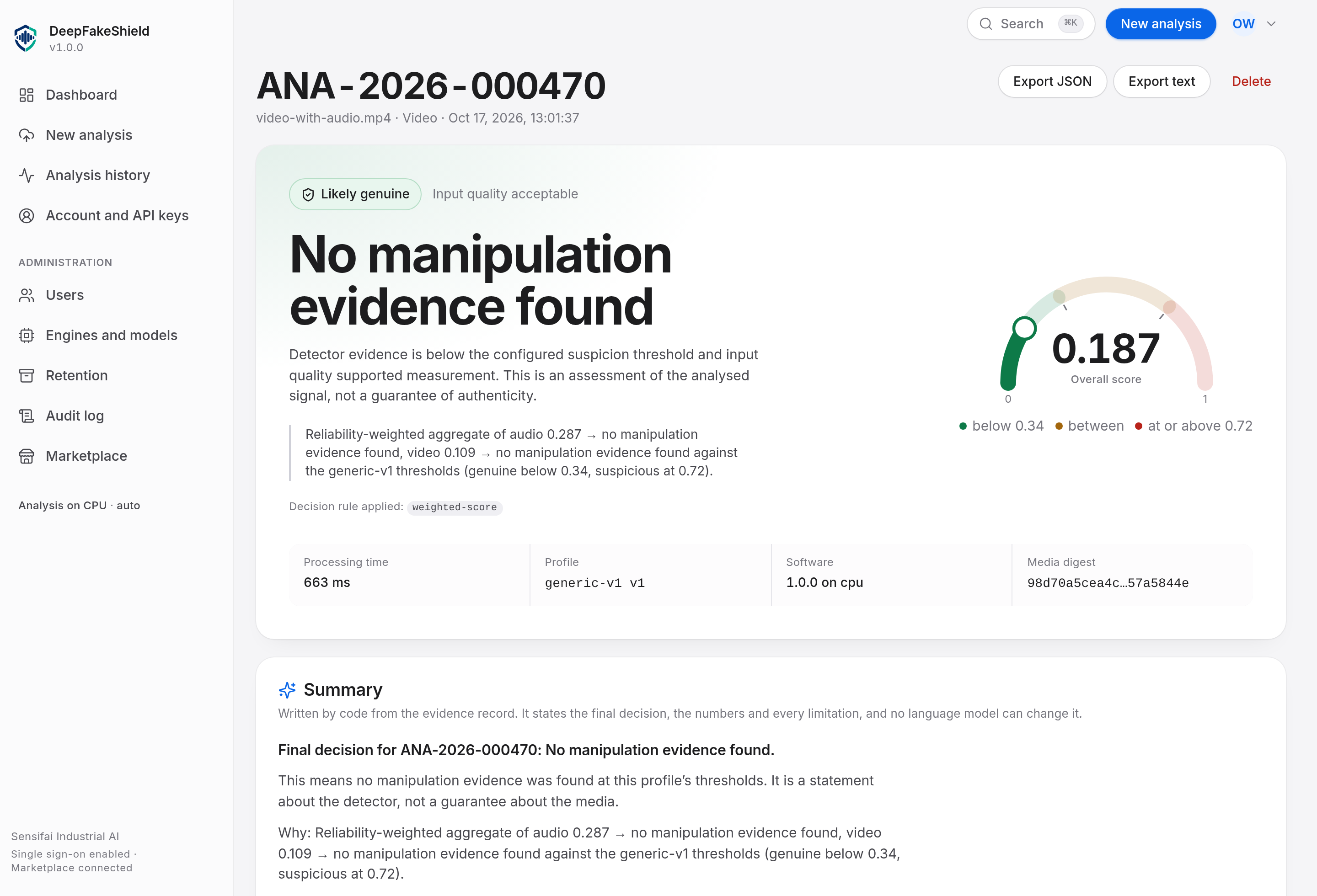 The DeepFakeShield result screen for an audio file: the decision "No manipulation evidence found", an input-quality note, an overall detector score on a gauge with the genuine and suspicion thresholds marked, the decision rule applied, processing time, profile, software version and media digest.
