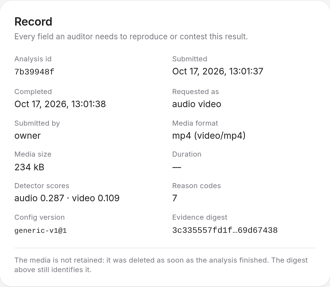 The record panel of an analysis, listing the media digest, engine name and version, model weights checksum, configuration, thresholds and processing details.