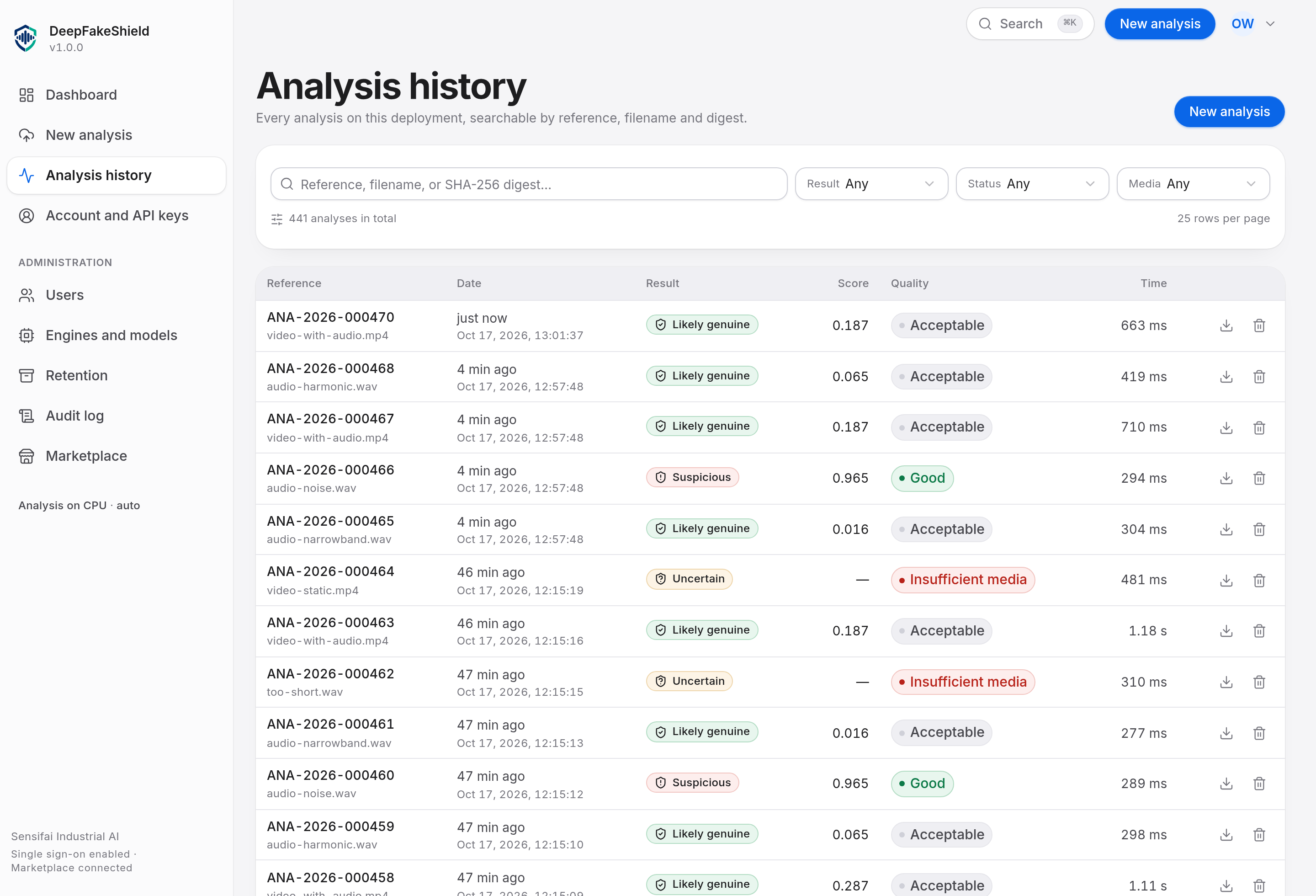 The analysis history screen: a searchable, filterable table of past analyses with reference, file, decision and date.