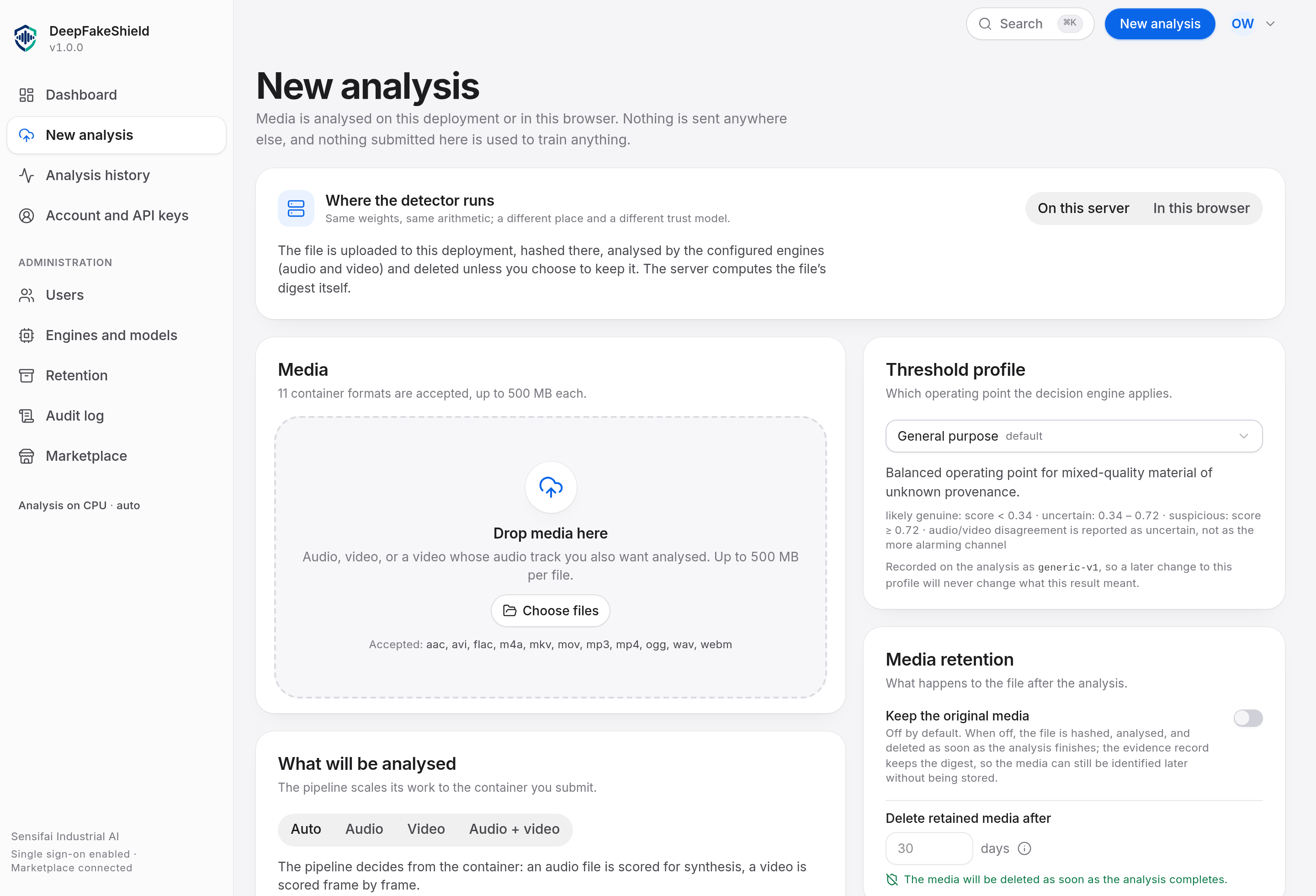 The New analysis screen with a drop zone for audio or video, an analysis type selector and an analysis profile selector.
