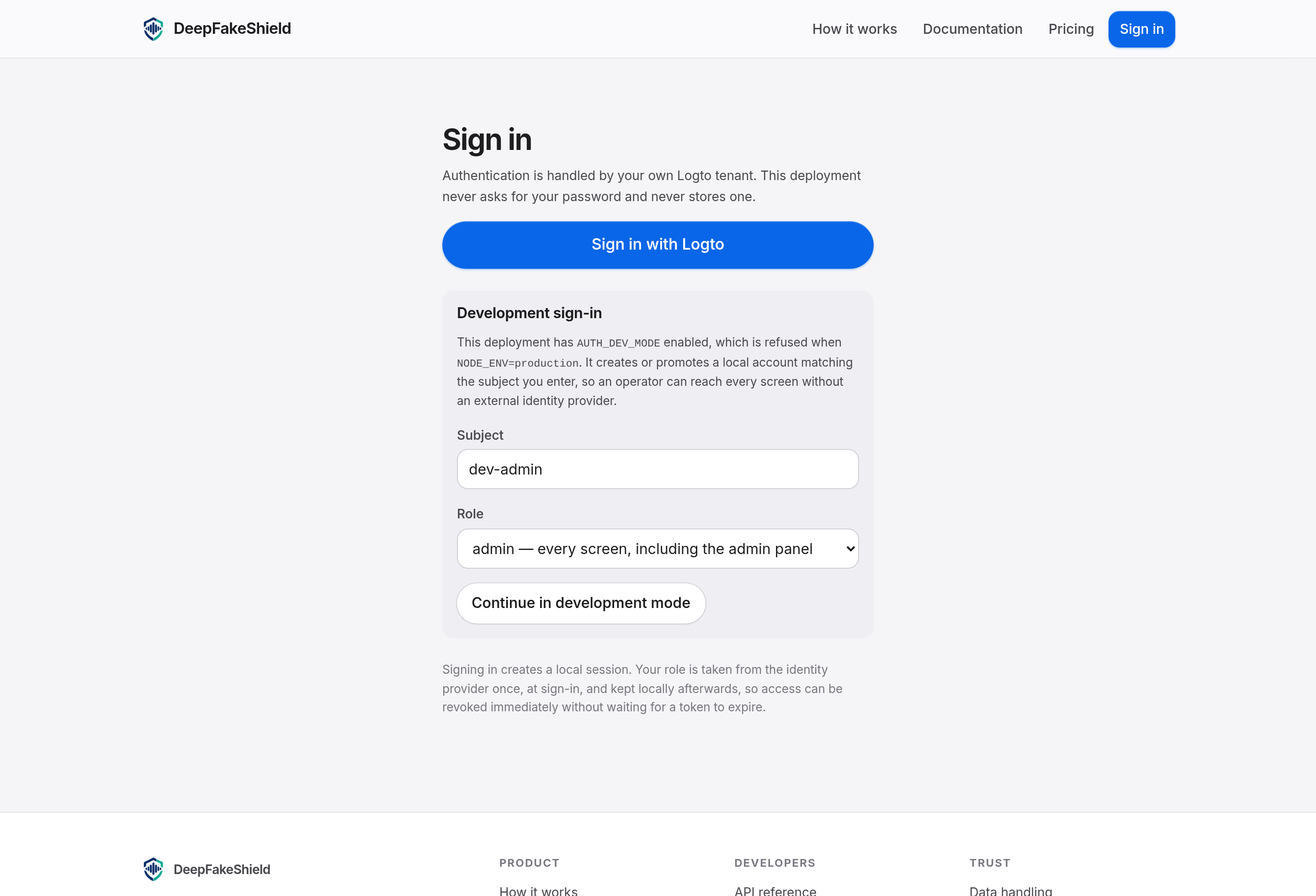 The DeepFakeShield sign-in screen with a Sign in with Logto button and the development sign-in form of a local deployment.